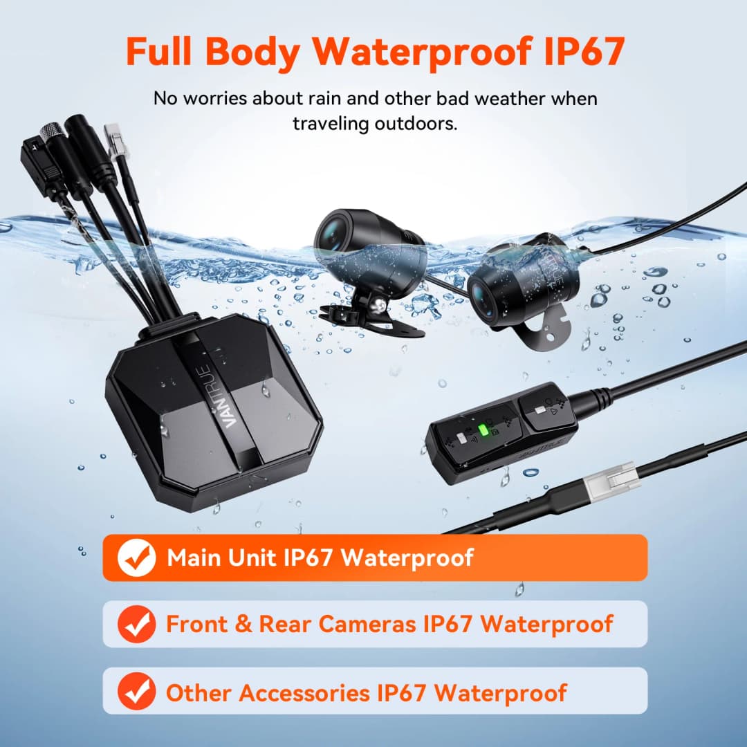 Vantrue F1 كاميرا دراجة نارية بدقة 4K، كاميرا أمامية وخلفية، GPS، مقاومة للماء، واي فاي، زاوية واسعة 160 درجة، وضع وقوف السيارات 24 ساعة، وحدة تحكم سلكية - 4