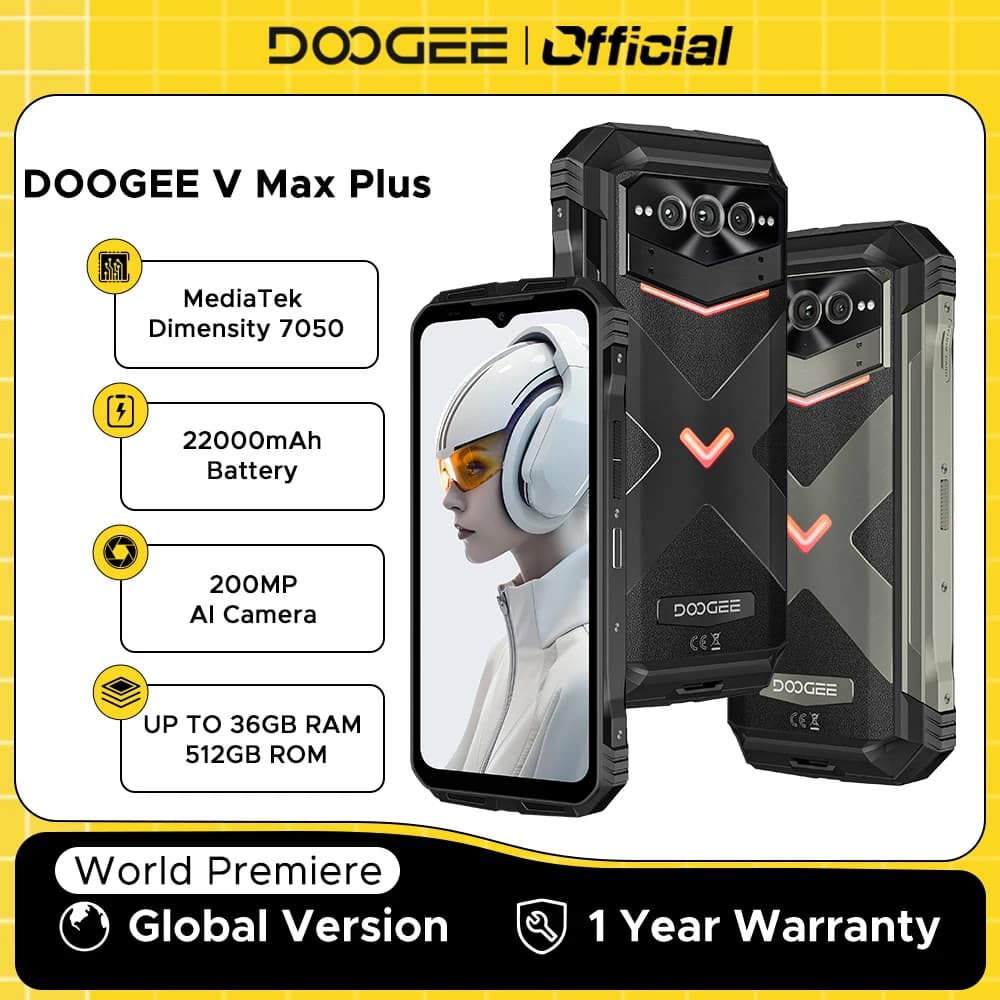 Global Version DOOGEE V Max Plus Rugged Phone 6.58" 120Hz 36GB(16+20) 512GB 200MP Ai Camera 22000mAh Lighting effect Android 14