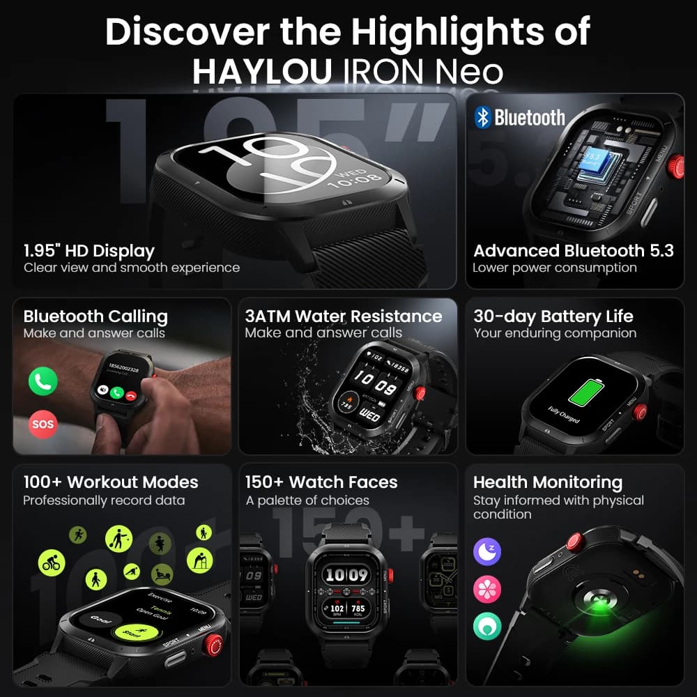 ساعة HAYLOU IRON NEO الذكية بشاشة 1.95 بوصة عالية الدقة مقاومة للماء حتى 3ATM مع مكالمات بلوتوث وبطارية تدوم 30 يومًا لساعات الرياضة الخارجية - 2