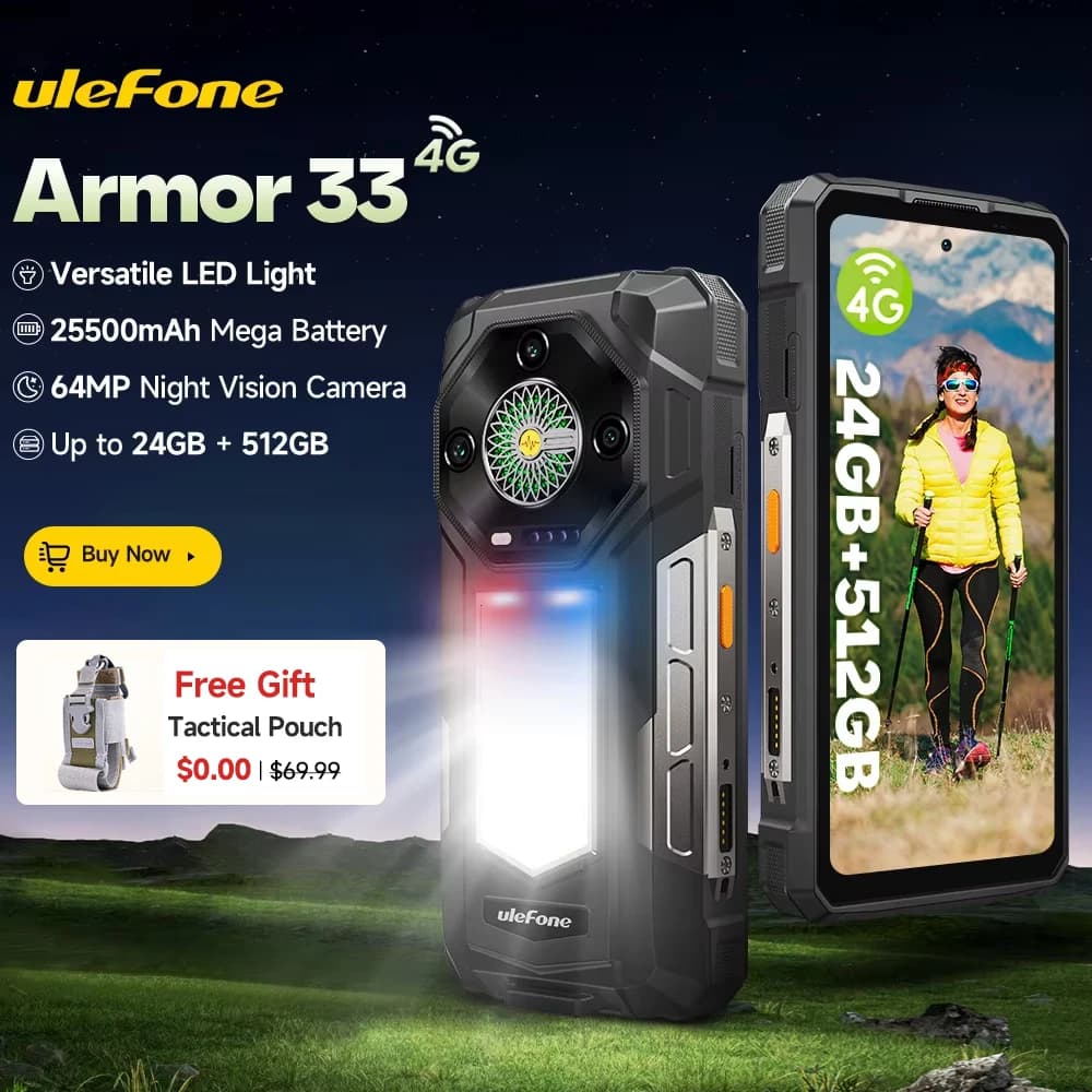 【عرض عالمي】 هاتف Ulefone Armor 33 4G متين ببطارية 25500 مللي أمبير وسعة تخزين 512 جيجابايت وذاكرة تصل إلى 24 جيجابايت وشاشة 120 هرتز و6.59 بوصة وNFC بنظام أندرويد 15، نسخة عالمية
