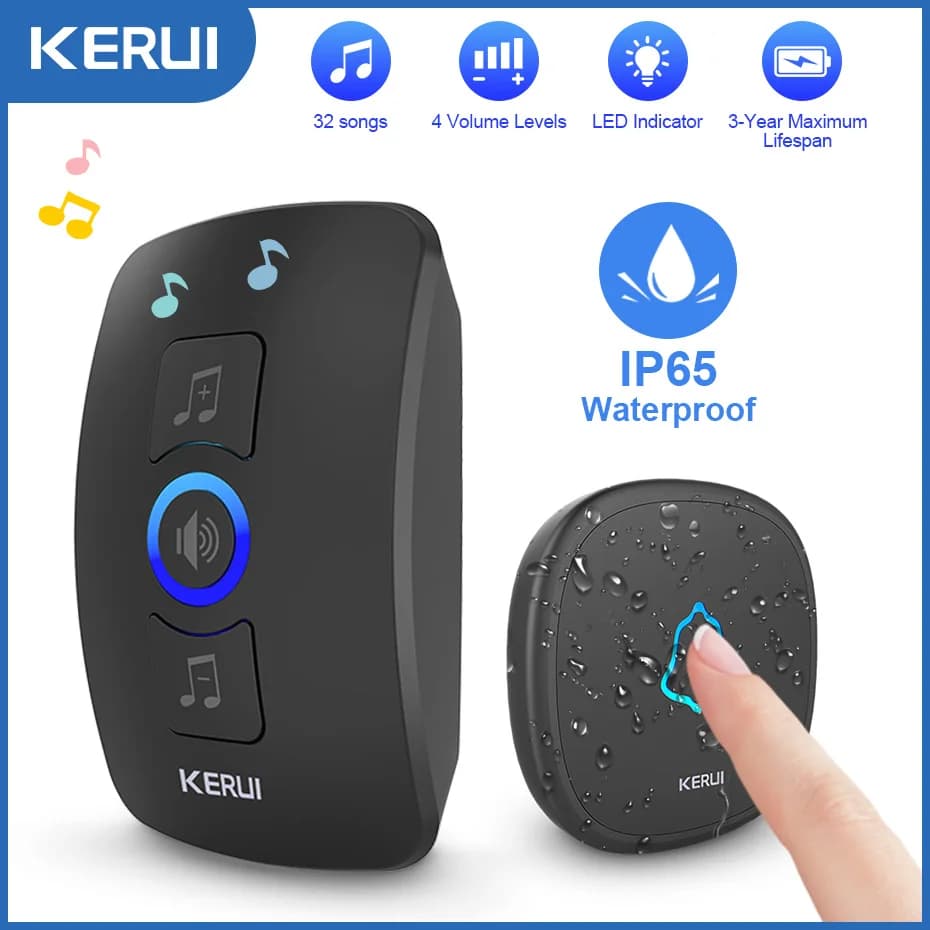جرس باب من KERUI M525 بزر لمس، مقاوم للماء، مدى 500 قدم، 32 نغمة، لاسلكي 433MHZ