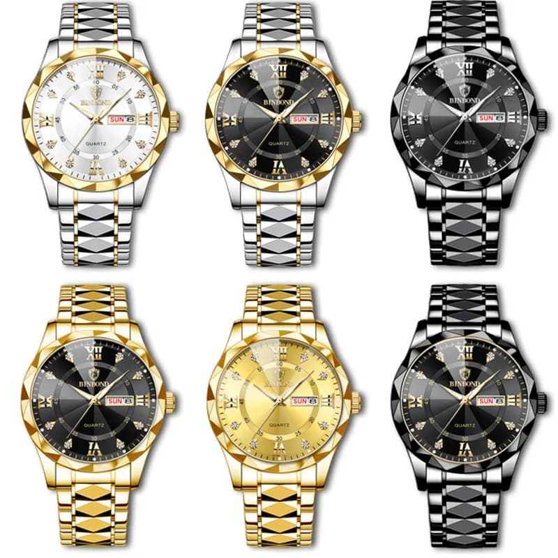 BINBOND Men Watch Stainless Steel Top Quailty Luxury Push Button Hidden Clasp Waterproof Luminous Date Week Sport Wrist Watches - 5