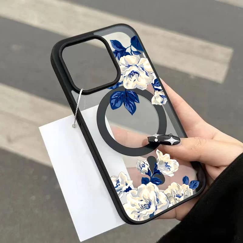 غطاء هاتف مغناطيسي شفاف بنمط معكرون ووردة بيضاء لليلة لهاتف آيفون 17/16/15/14/13/12 برو ماكس و15/16 زائد و17 الهواء و11 - 2