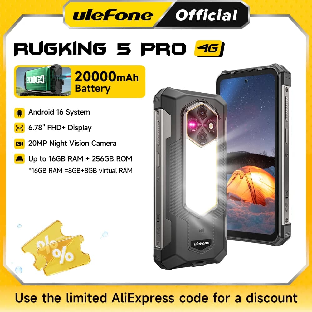 Ulefone RugKing 5 Pro 20000mAh Rugged Phone Android 16 16GB+256GB IP68/IP69K Waterproof Smartphone 6.78 FHD+ Night Camera 4G