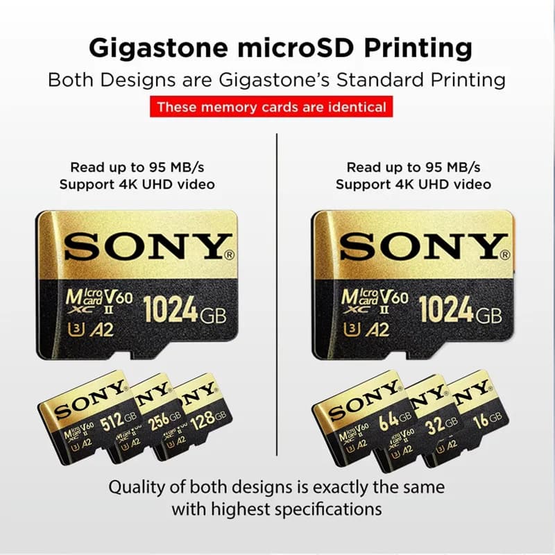 بطاقة ذاكرة SONY عالية السرعة TF مايكرو SD 128GB/256GB/1024GB A2 U3 قراءة/كتابة مستقرة، أسود وذهبي للأجهزة اللوحية وأجهزة الألعاب - 3