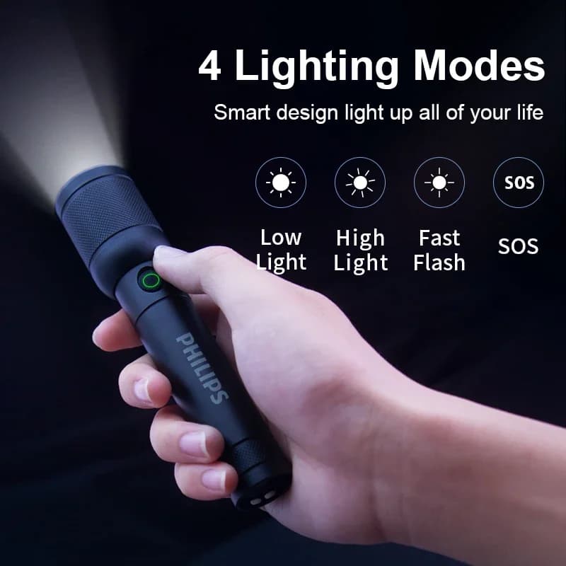 كشاف Philips SFL6168 مع تكبير وشحن USB وبطارية 18650، كشافات محمولة، مصباح قابل لإعادة الشحن للدفاع عن النفس والتخييم - 3
