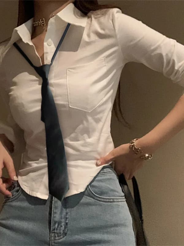 White Short Sleeveless Women's Shirt Slim Fit Long Sleeve  Neck Pure Color Commute Style Office Front Desk Work Uniform - 5