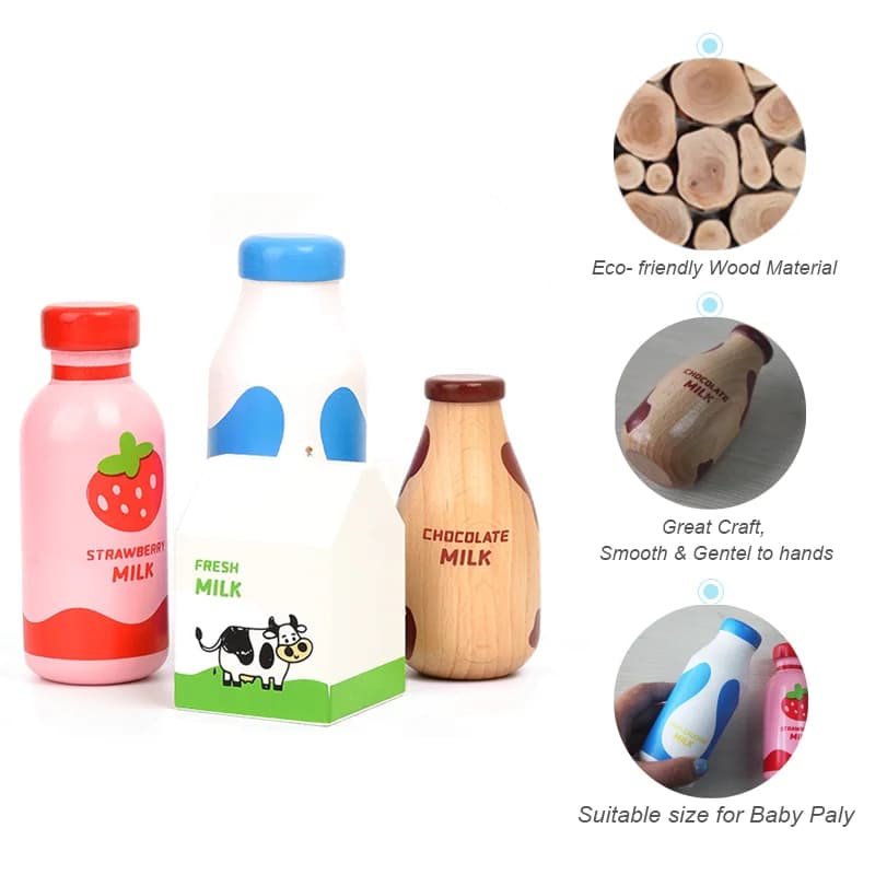 Children Pretend Play Wooden Milk Drink Set Kitchen Food Toys Montessori Learning Educational Kids Simulation Imitation Game - 3