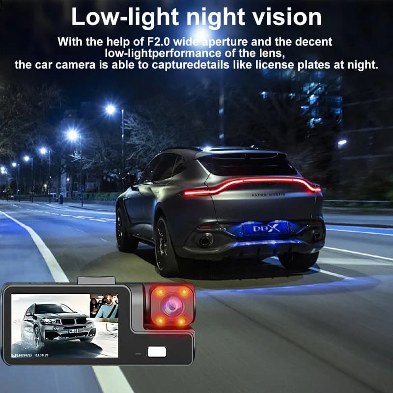 كاميرا سيارات بثلاث قنوات: 1080P أمامية، 720P داخلية/خلفية، مسجل فيديو مدمج، زاوية عريضة 170°، رؤية ليلية، ومراقبة مستمرة 24/7 - 3