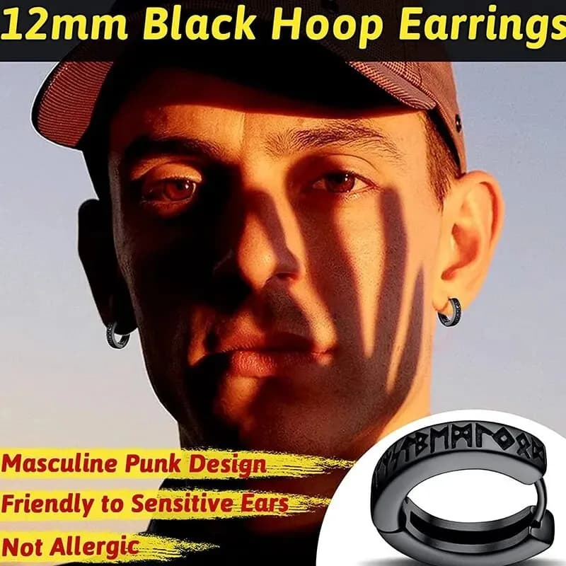 2pcs Stainless Steel Norwegian Viking Rune Hoop Earrings for Men Woman, 12mm Huggie Hoop Religious Earring Piercing Jewelry - 4