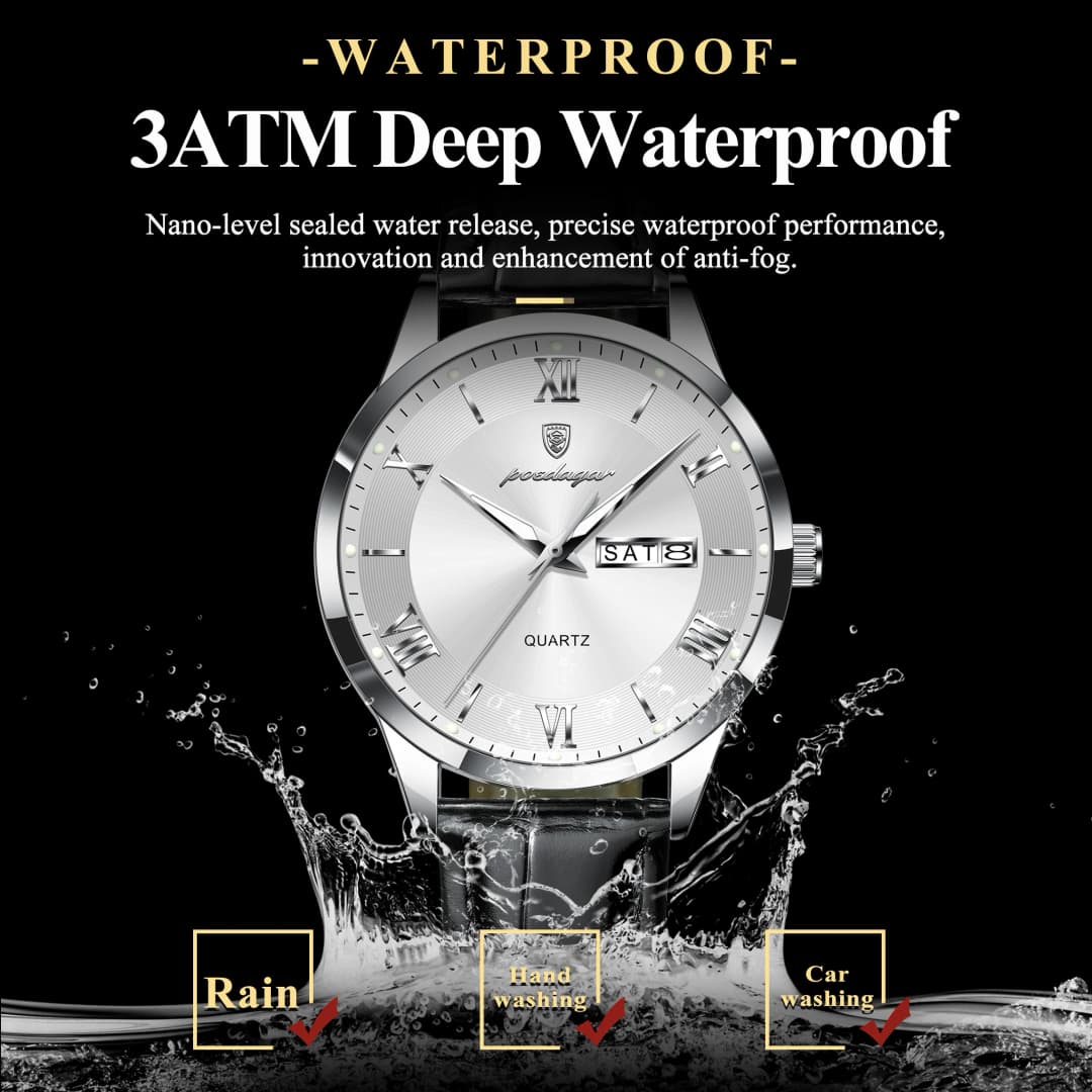 ساعة يد رجالية فاخرة كلاسيكية من POEDAGAR، تاريخ وأسبوع، ساعة عمل جلدية مقاومة للماء مضيئة موضة كوارتز - 3