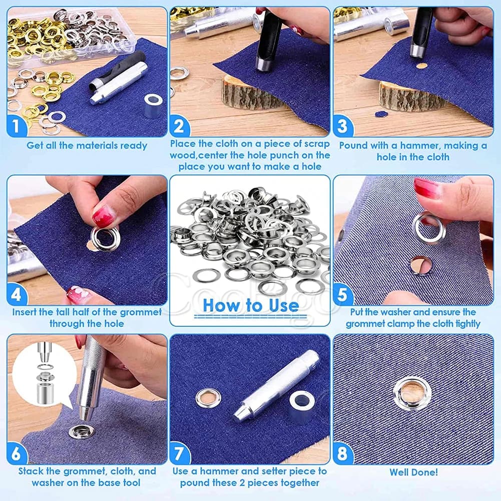 مجموعة أدوات الحلقات المعدنية الحلقات الثقوب لكمة المثبت أداة للملابس الجلدية والأحذية حزام الستار DIY بها بنفسك الاكسسوارات الحرفية الأسود - 6