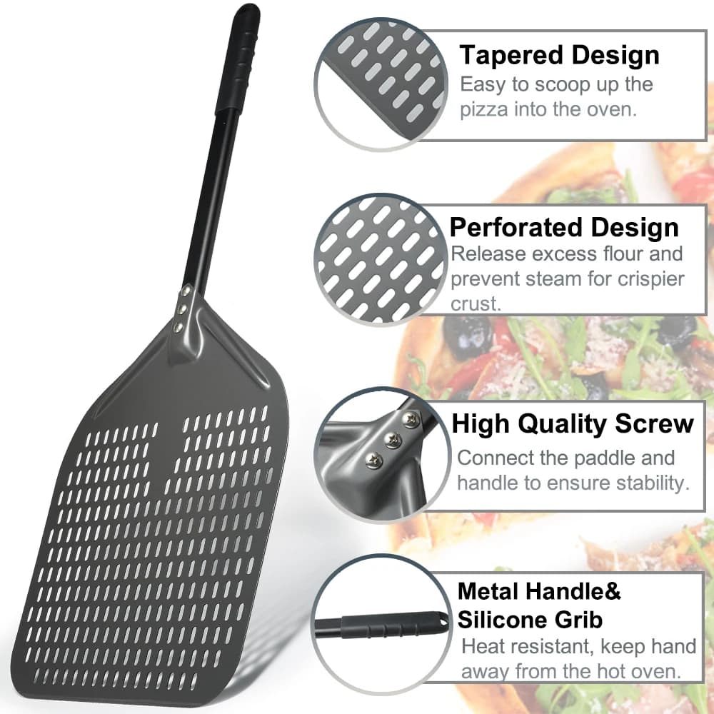 SHANGPEIXUAN 12 "قشر البيتزا الصلب بأكسيد مع مجموعة مجرفة تحول البيتزا مستطيلة مثقوبة الألومنيوم بيتزا قشر مقبض سيليكون - 3