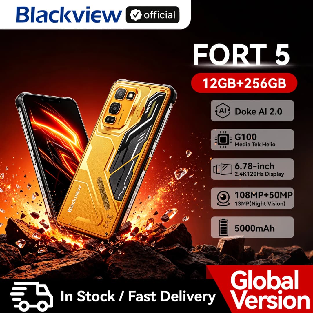 هاتف Blackview FORT 5 الذكي، شاشة 6.78 بوصة HD+ IPS، معالج MediaTek بذاكرة 12 جيجابايت + 256 جيجابايت، كاميرا 108 ميجابكسل، بطارية 5000 مللي أمبير، هاتف متين للاستخدام الخارجي