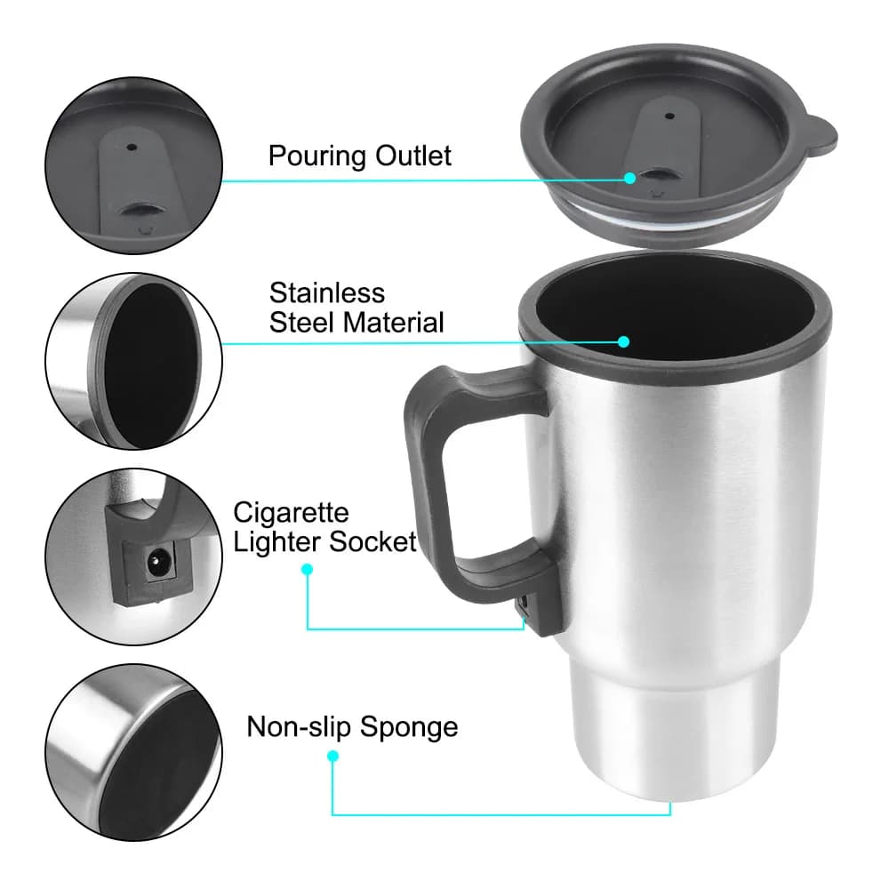 12V 450ml Electric Heating Car Kettle Water Coffee Milk Thermal Mug Camping Travel Kettle Stainless Steel Vehicle Heating Cup - 5