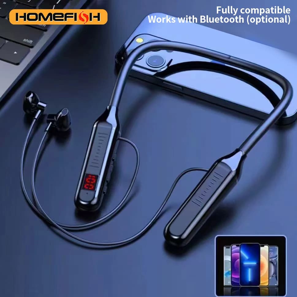 سماعات رقبة بلوتوث لاسلكية مع شاشة رقمية، سماعات ستيريو رياضية شبه داخل الأذن بسعة كبيرة