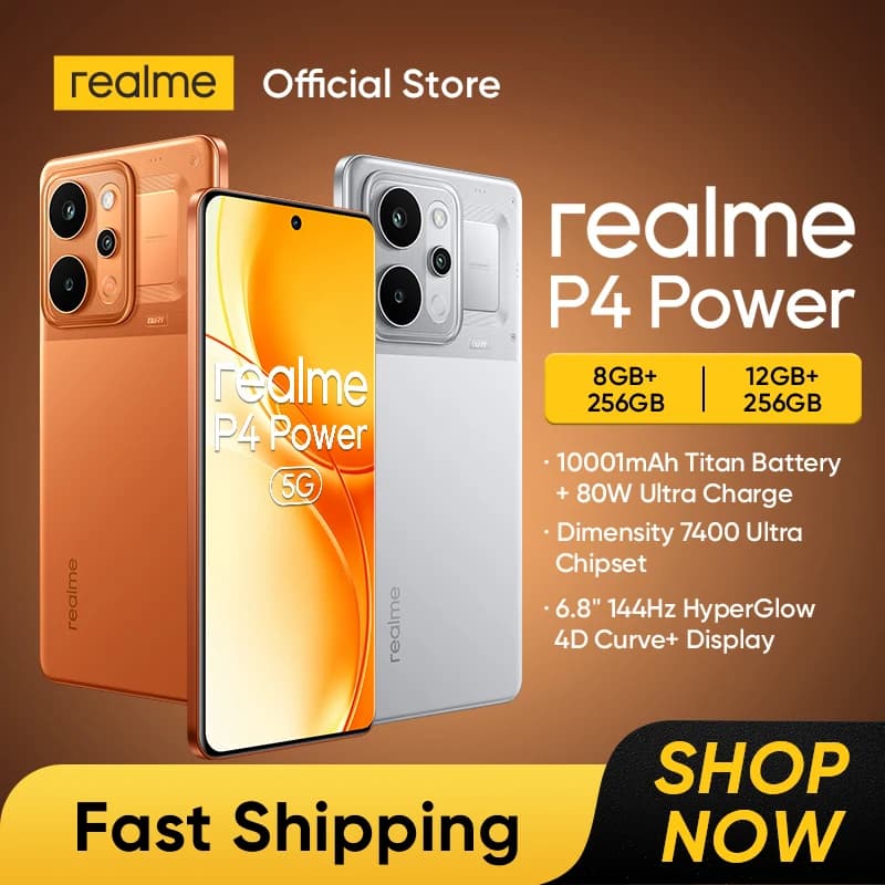 هاتف realme P4 Power 5G ذكي عرض عالمي بطارية 10001mAh شحن 80W كاميرا 50MP Sony OIS شاشة 6.8 بوصة 144Hz منحنية NFC