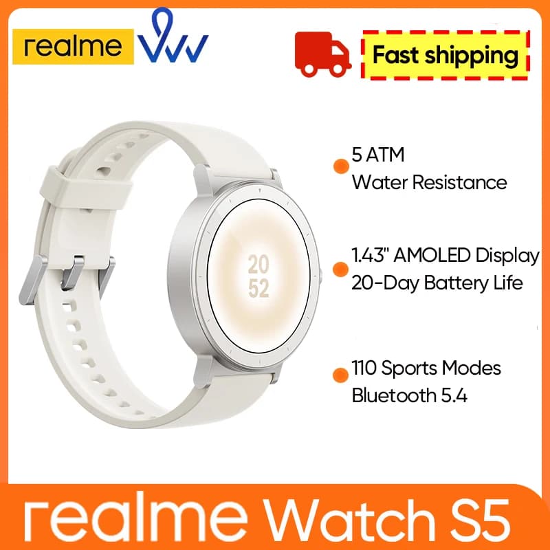 ساعة realme Watch S5 الذكية بشاشة 1.43 بوصة AMOLED ومقاومة للماء حتى 50 متر وعمر بطارية 20 يوم و110 وضع رياضي