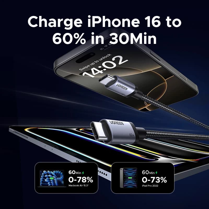 كابل يو جرين يو اس بي سي بشحن سريع 60 واط لهواتف ايفون 17 و16 و15 وسامسونج اس 25 واس 24 وآيباد وماك بوك اير وشاومي - كابل بيانات وشحن سريع - 2