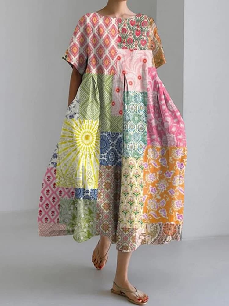 فستان نسائي جديد 2024 بياقة دائرية طويل كاجوال صيفي مقاس كبير فستان بطبعة سمك طازج فستان شوارع إجازة بأكمام قصيرة