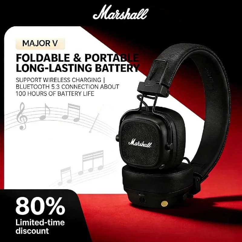 Marshall MAJOR V Wireless Headphones Original Bluetooth 5.0 80H Battery Active Noise Cancelling Foldable Over-Ear with Mic HOT