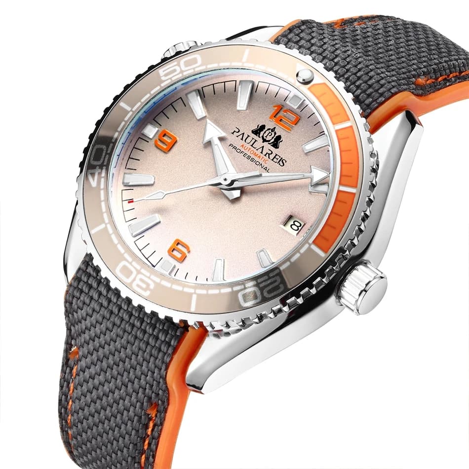 Automatic Mens Watch Mechanical Self Wind Movement Canvas Rubber Strap Orange Blue Red Luxury Fashion Watches - 2
