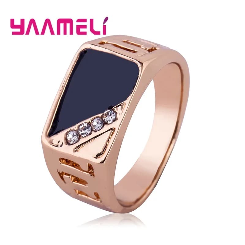 Classic Male Mens Wide Band Ring Unique 925 Sterling Silver Plated White Black Rhinestone Square Statement Hip Hop Jewelry - 3