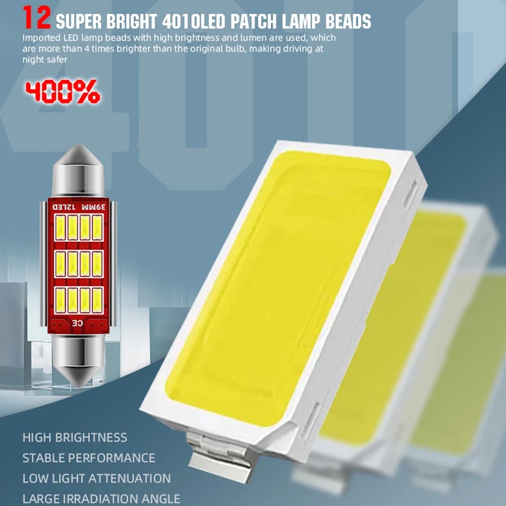 مصابيح لوحة ترخيص LED C5W مقاس 31MM 36MM 39MM 41MM، 12 SMD، إضاءة قبة Festoon، مصابيح باب وصندوق السيارة، أبيض 12V DC - 2