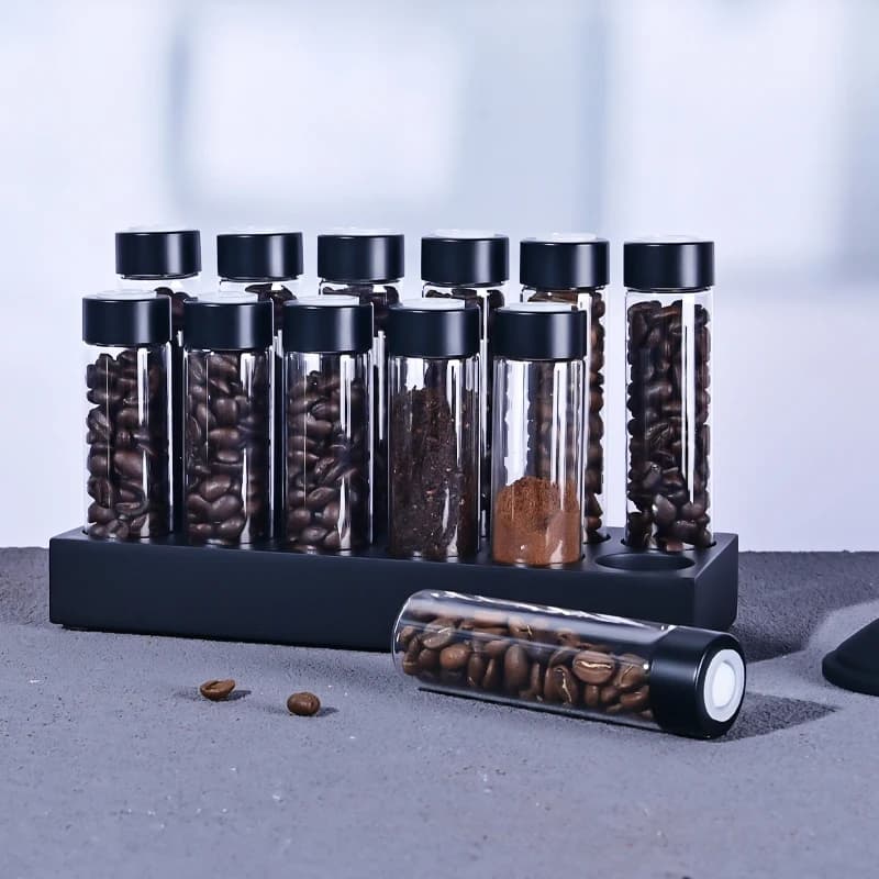 Airtight Sealed Glass 12Tubes Coffee Beans Storage Containers 22g Single Dose Aroma Valve With Coffee Bean Storage Wooden Holder