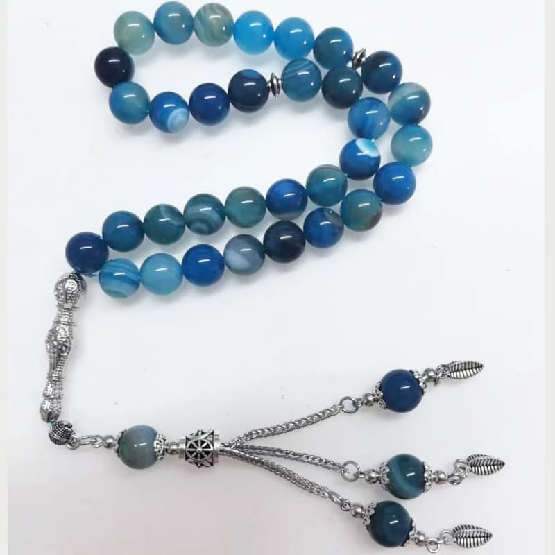 33pcs10mm blue agate beads natural stone material Muslim rosary daily bracelet TASBIH, Middle East high-end worship prayer brace - 2