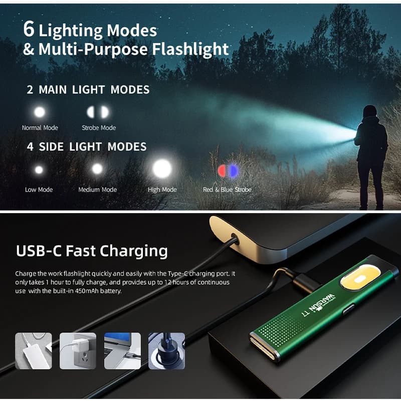 كشاف LED محمول WARSUN T7، كشاف جيب صغير 800 لومن، قابل لإعادة الشحن، قاعدة مغناطيسية، كليب، إضاءة عمل، للتنزه، الصيد، الاستخدام اليومي - 2