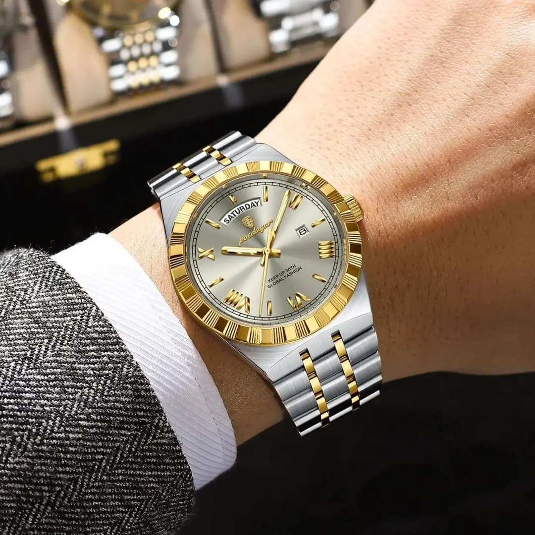 ساعة POEDAGAR فاخرة كلاسيكية للرجال تاريخ أسبوعي مقاومة للماء مضيئة ساعة يد من الفولاذ المقاوم للصدأ كوارتز - 6