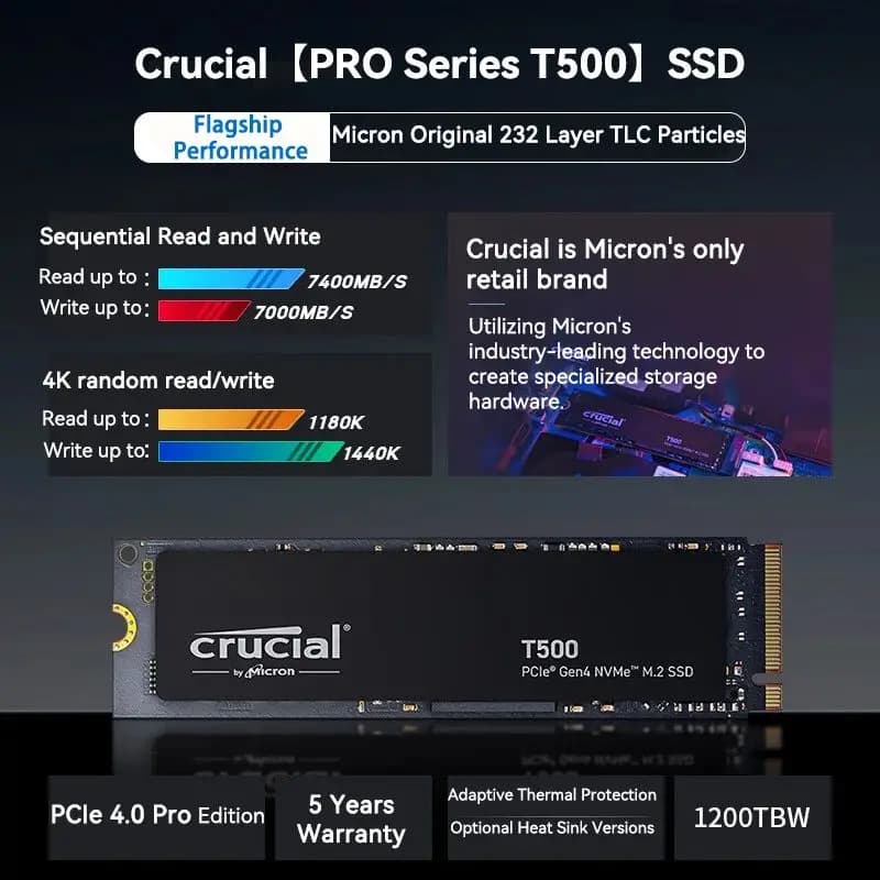 Original Crucial T500 Gen4 Nvme M.2 Ssd Internal Gaming 500gb 1tb 2tb 4tb Ssd Read Up To 7400mb/s For Laptop Desktop Compatible