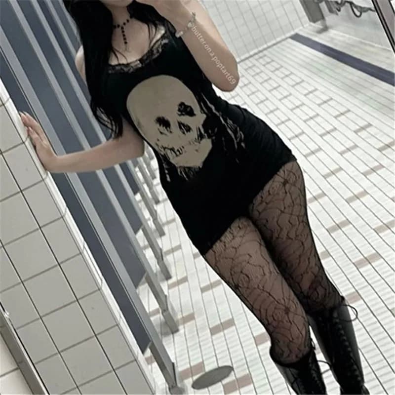 Goth Dark Streetwear Anime Skull Print Straps Mini Dress Fairy Lace Stitch Club Outfits Slim Sexy Bodycon Dresses Mall Gothic - 5