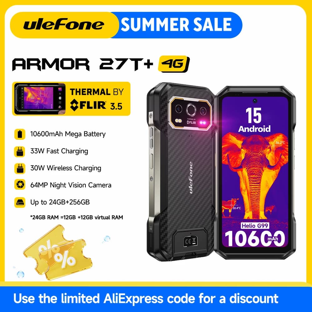 هاتف Ulefone Armor 27T 4G THERMAL BY FLIR® متين 10600 مللي أمبير في الساعة حتى 24 جيجابايت + 256 جيجابايت 6.78 بوصة FHD 120 هرتز رؤية ليلية هاتف ذكي بنظام Android 14