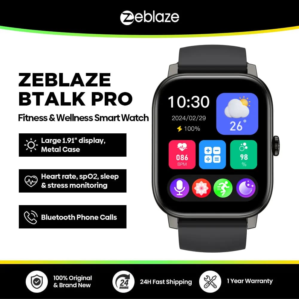 ساعة ذكية Zeblaze Btalk PRO بشاشة HD كبيرة 1.91 بوصة، مكالمات صوتية، أكثر من 300 واجهة ساعة، تتبع الصحة واللياقة