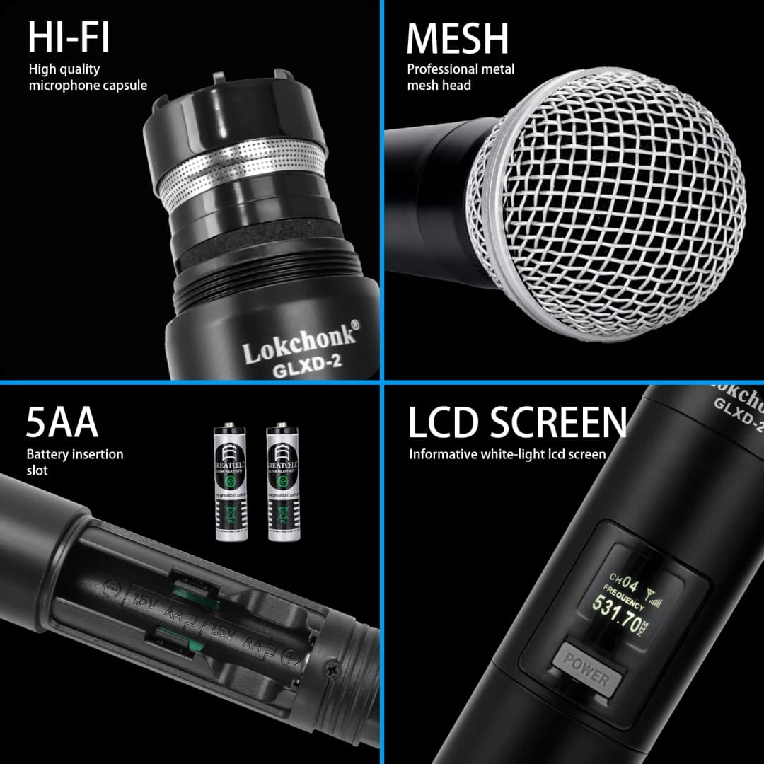 نظام مايكروفون لاسلكي احترافي Lokchonk GLXD-2 بقناتين، مع 2 مايكروفون محمول للكاريوكي والخطابات والتعليم - 3
