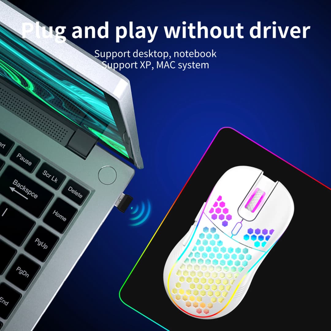ماوس ألعاب لاسلكي خلية نحل 2.4 جيجاهرتز USB مع إضاءة RGB قابلة لإعادة الشحن وأضواء LED وحبل باراكورد خالي من السحب وتصميم مريح - 4