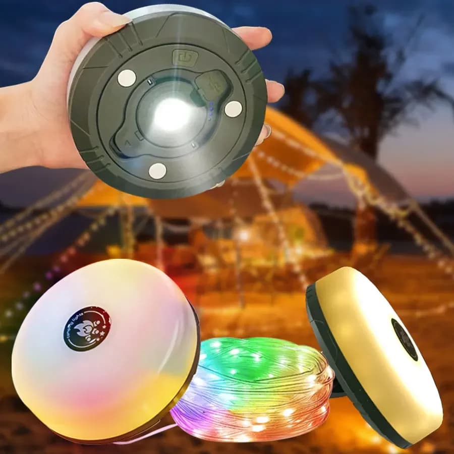 سلسلة أضواء تخييم LED بطول 10 أمتار مقاومة للماء مع مصباح جيب قابل لإعادة الشحن وخطاف - 2 في 1 إضاءة جو RGB