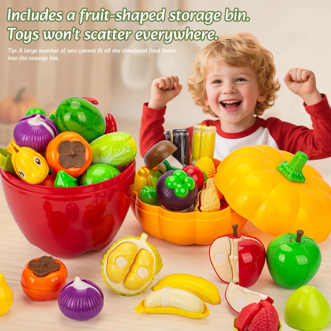 Cutting Play Food Toy for Kids Kitchen Pretend Fruit &Vegetables Accessories with Shopping Storage Basket Toy for Toddler Gift - 2