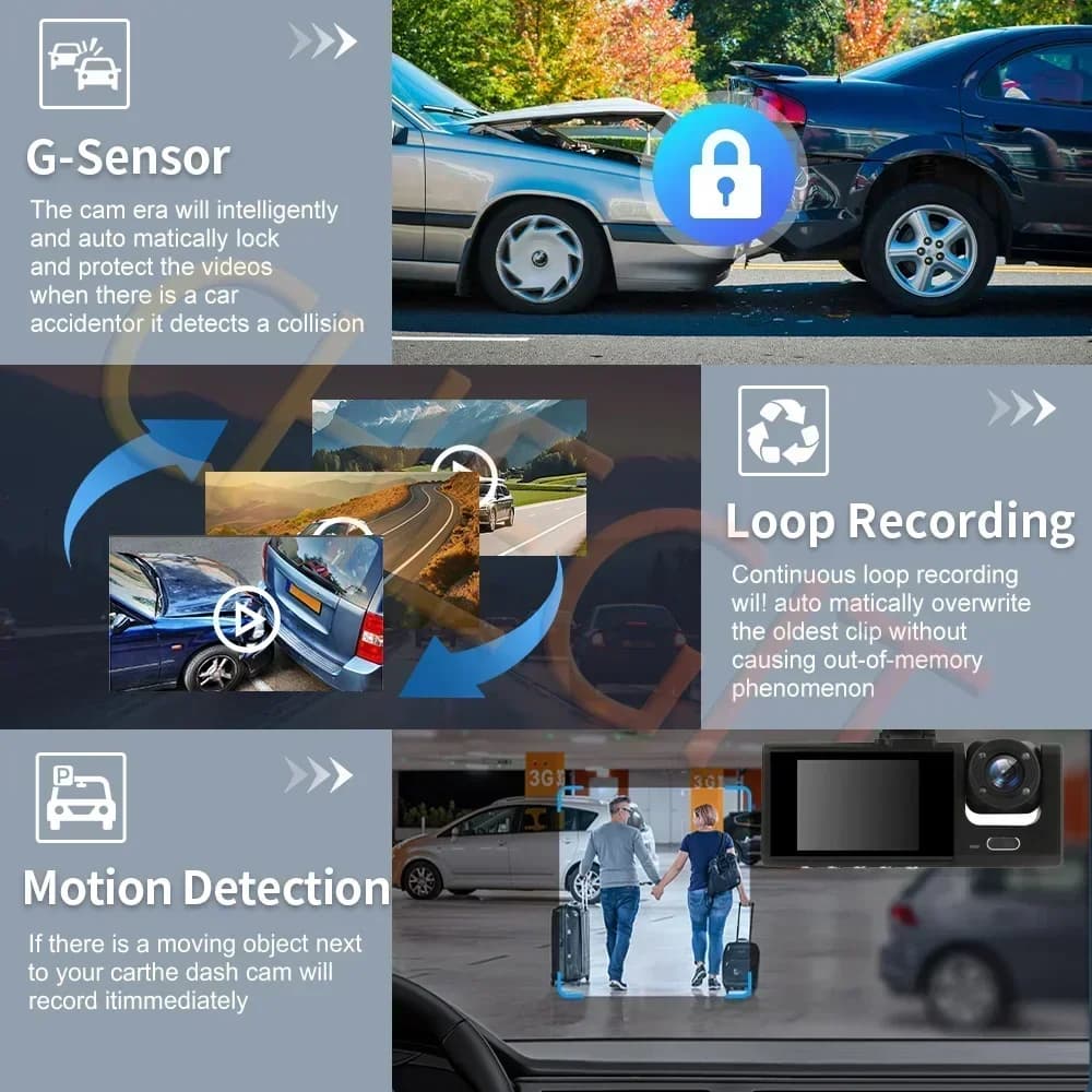 واي فاي 3 قناة مسجل سيارة صغير كاميرا سيارة ثلاثية الاتجاهات كاميرا داخل المركبة مسجل FHD 1080P فيديو كاميرا سيارة مسجل أسود - 6
