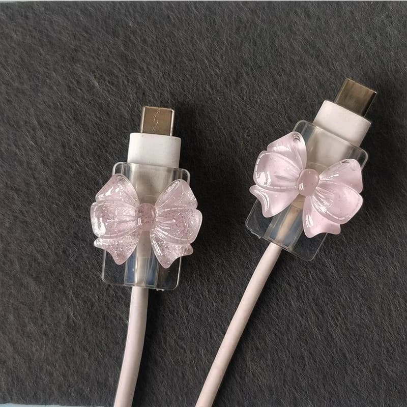 2Pcs Lovely Pink Bow Silicone Charger Cable Protector Sleeve Cable Holder Clip Anti-break Transparent Cord Cover Wrap - 2
