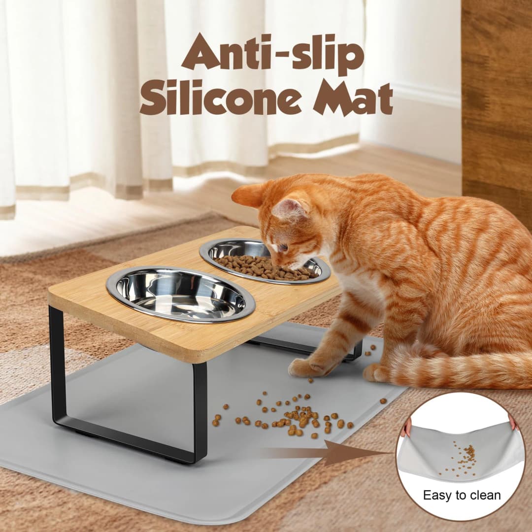 Elevated Cat Bowls with Food Mat 15° Tilted Stand Raised Cat Dishes for Food and Water Feeder 2 Stainless Steel Bowls for Cats - 2