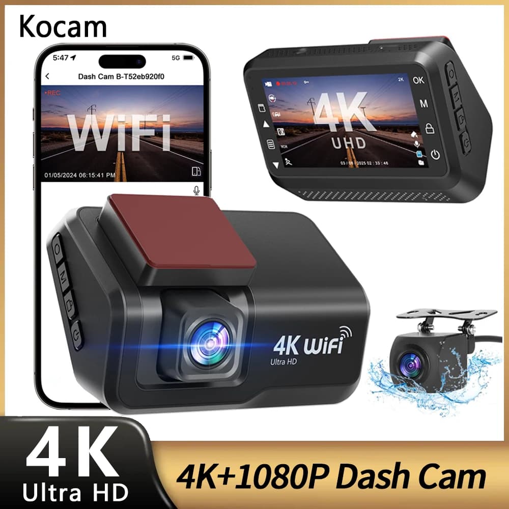 كاميرا داش Kocam بدقة 4K UHD، كاميرا أمامية وخلفية مزدوجة العدسة مع رؤية ليلية 24 ساعة، شاشة ركن السيارة، وصندوق أسود