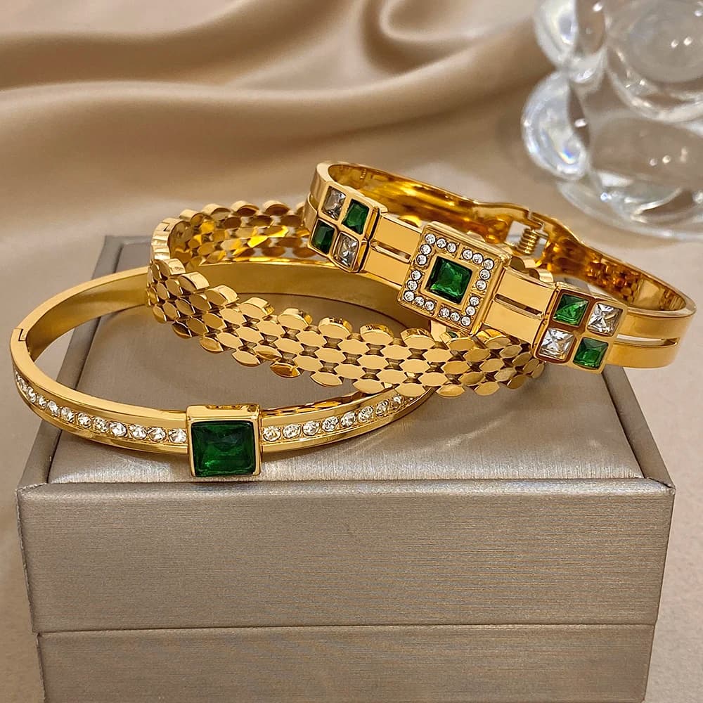 Greatera Light Luxury Style Green Square Zirconium Series Cuff Bracelet Unique Stainless Steel Artistic Exaggerate Women Bangle - 5