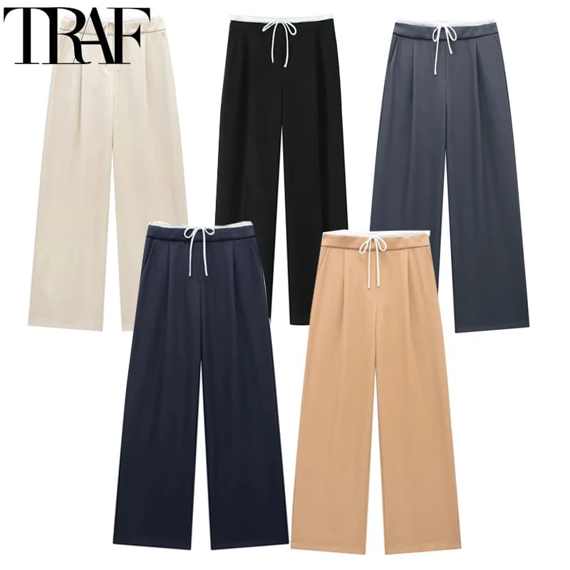 HXAO Women Pants Summer Baggy Pants For Woman Pleats Casual Black Pants Office Lace Up Fluid Trousers Boxer Gray Womens Pants - 2