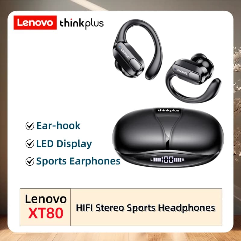 Original Lenovo XT80 Earhooks Sports Bluetooth Wireless Headsets with Mic,LED Power Display,ENC,Hifi Stereo Sound Gaming Headset