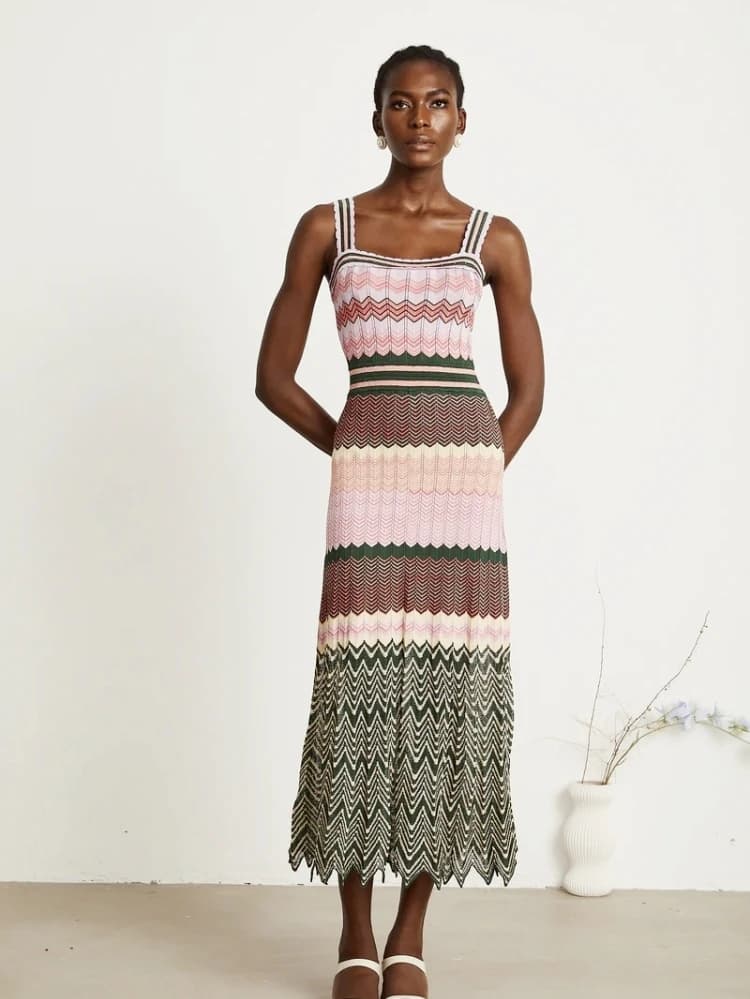 فستان ماكسي طويل بدون أكمام منسوج بتصميم متعرج مرن بألوان فاخرة للنساء تنورة Boho شعبية في العالم العربي وإفريقيا - 5