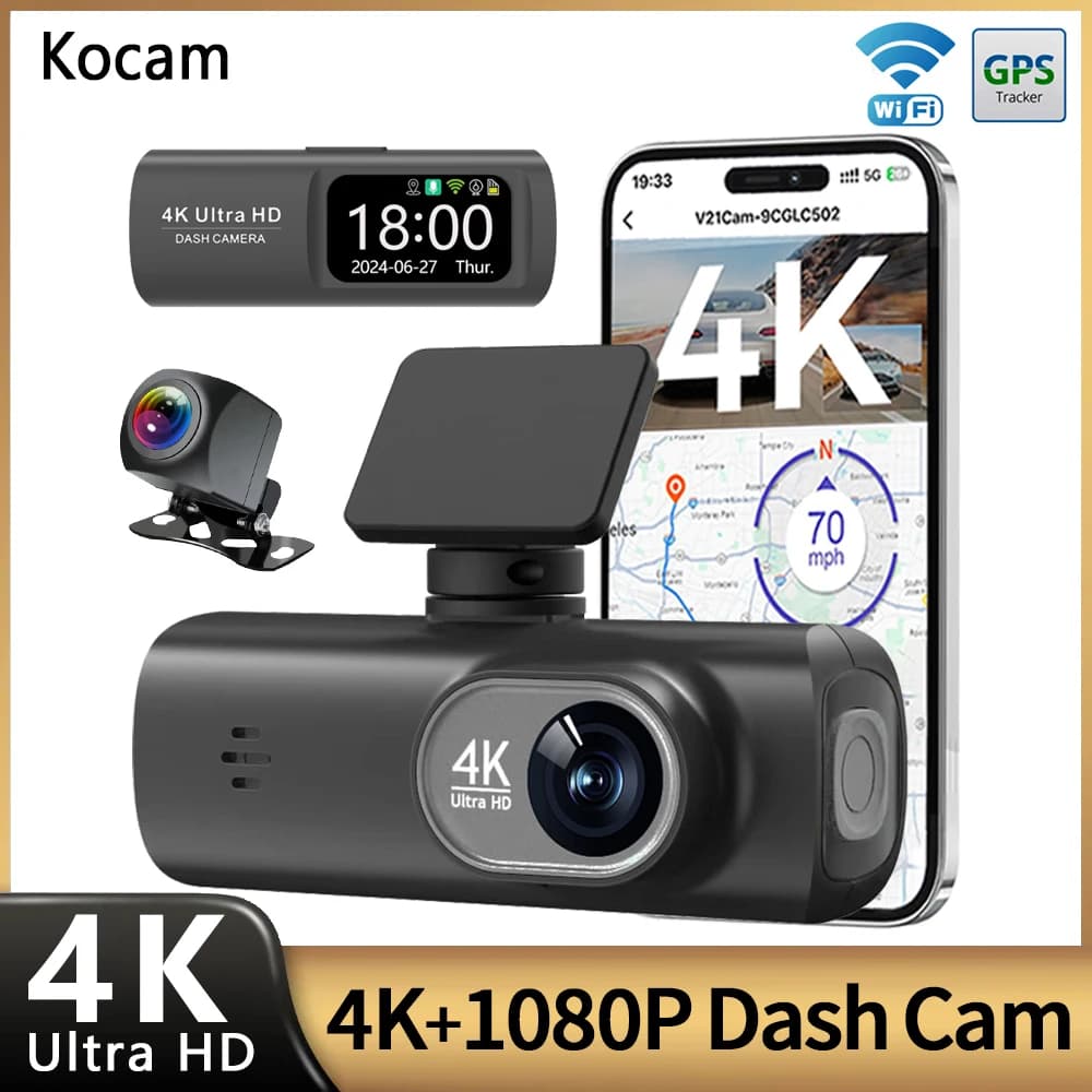 كاميرا سيارة بدقة UHD 4K بعدسة مزدوجة - مسجل قيادة - كاميرا خلفية بدقة 1080P - واي فاي مدمج وGPS - مراقبة وقوف السيارات لمدة 24 ساعة - صندوق أسود