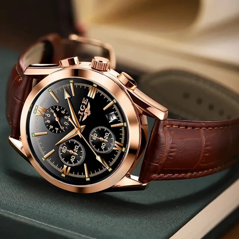 LIGE New Fashion Men's Watches Top Brand Luxury Casual Military Leather Quartz Man Watch Business Waterproof Sports Chronograph - 2